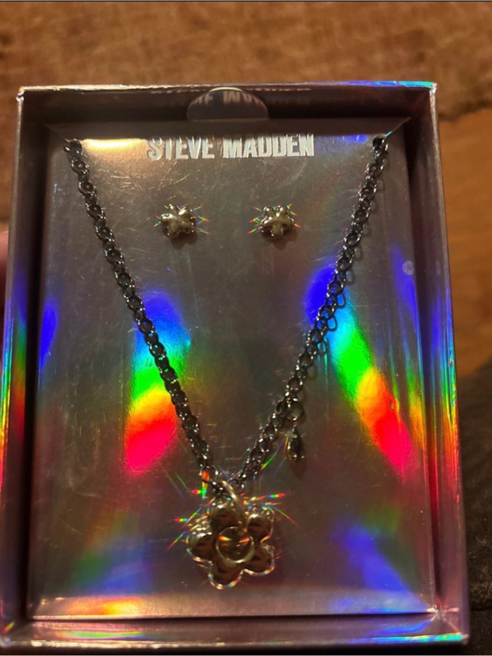Steve Madden Silver Flower Necklace and Star Stud Earrings Set